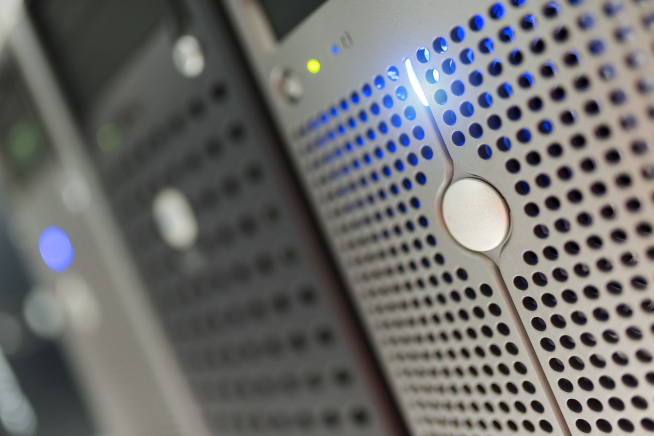 Modern data center server infrastructure with blue status lights